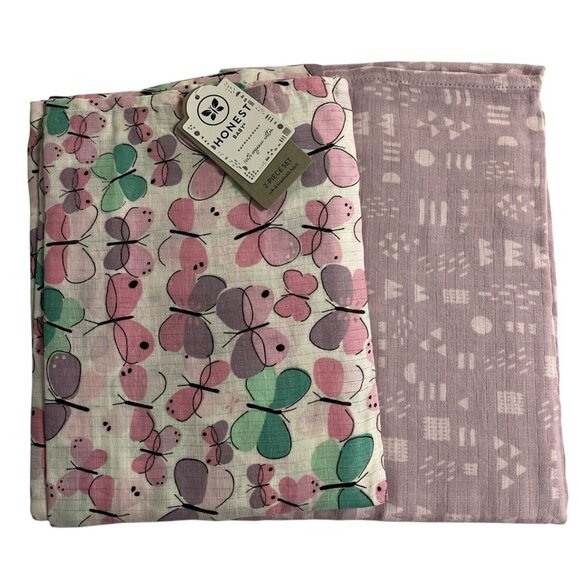 Organic Honest Baby Blanket Swaddle Blanket Set 2pk Purple Butterfly - Picture 1 of 9